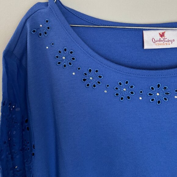 Periwinkle Blue QUACKER FACTORY Eyelet Ruffle Sleeves Rhinestone Floral 1X NWT - Picture 3 of 4